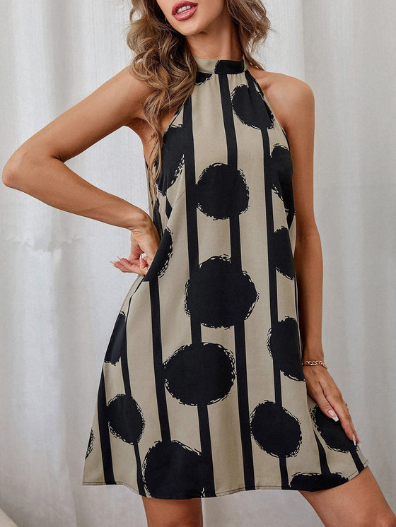 Striped Polka Dot Print Tie Back Halter Dress