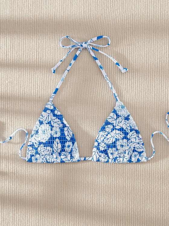 Floral Pattern Smocked Bikini Top