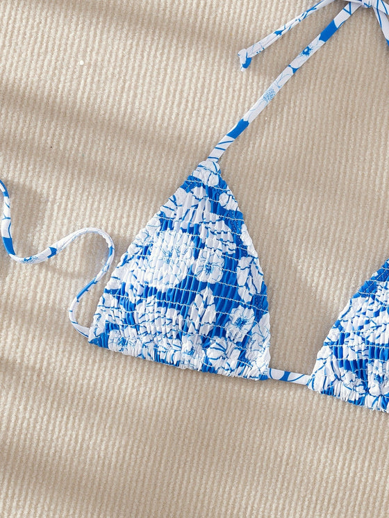 Floral Pattern Smocked Bikini Top