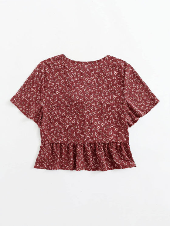 Knot Front Ditsy Floral Ruffle Hem Blouse