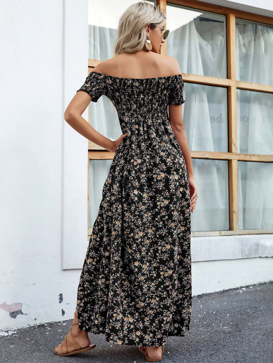 VCAY Off Shoulder Ditsy Floral High Split Dress