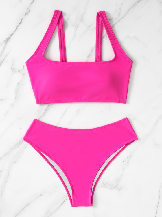 Neon Pink Ribbed Bikini Swimsuit