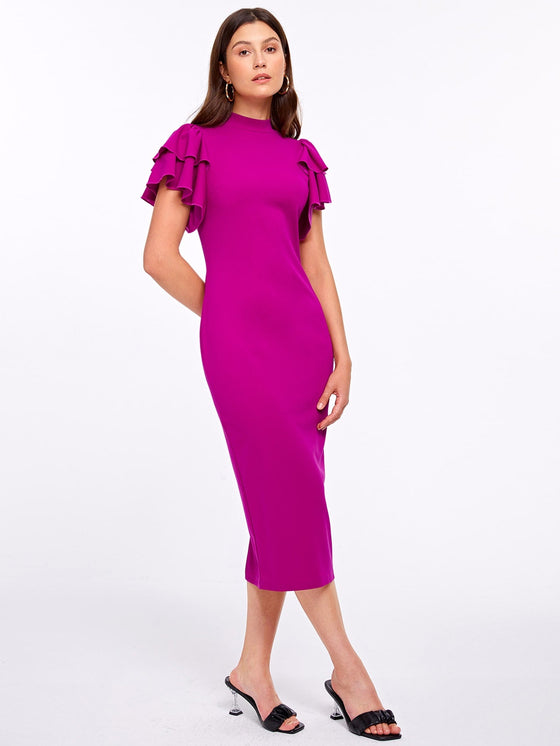 Layered Flutter Sleeve Split Back Bodycon Dress