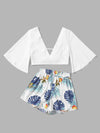 Plunging Self Tie Top Tropical Print Shorts Set