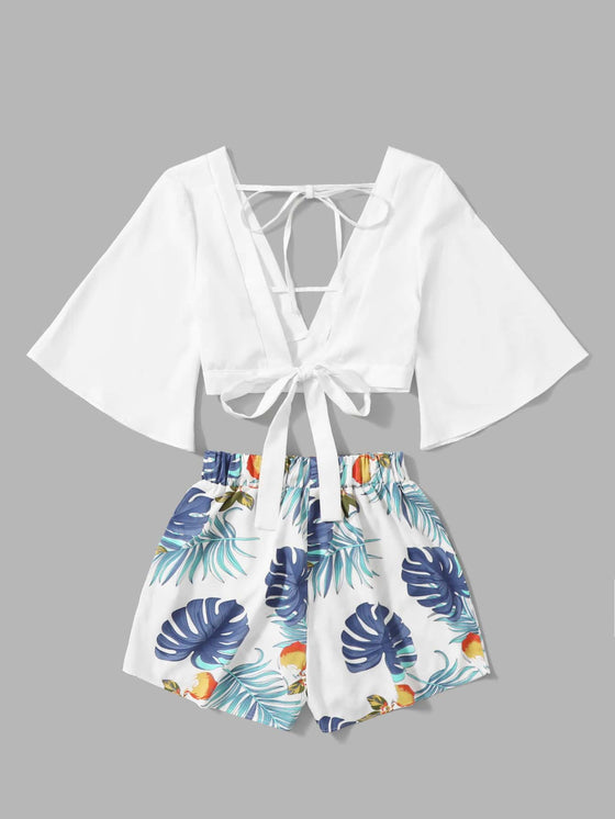 Plunging Self Tie Top Tropical Print Shorts Set