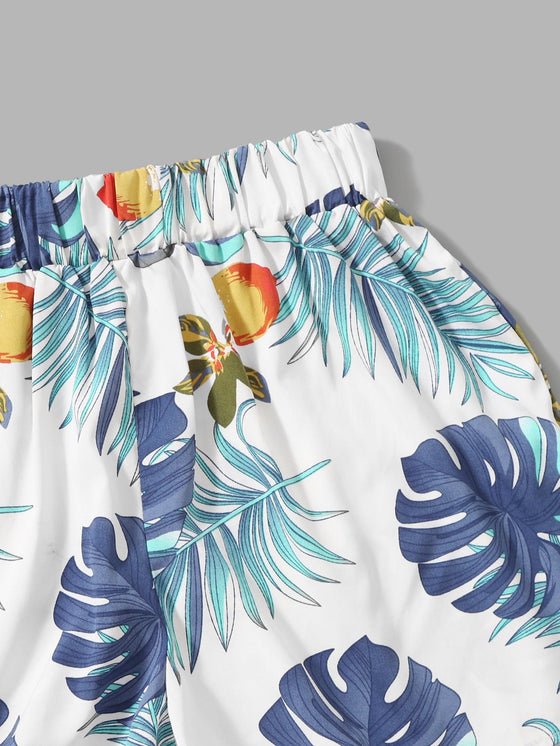 Plunging Self Tie Top Tropical Print Shorts Set