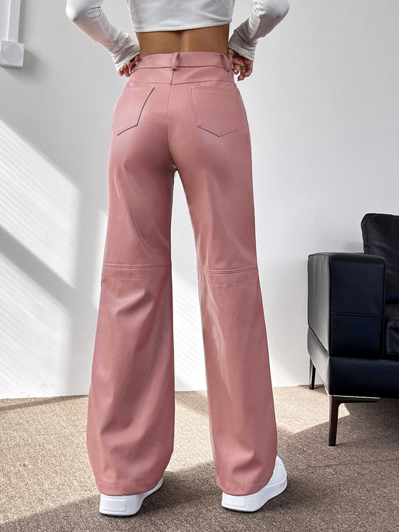 PETITE Solid PU Leather Straight Leg Pants