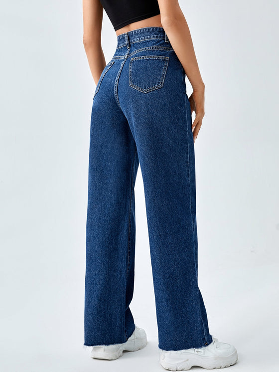 High Waist Raw Hem Wide Leg Jeans