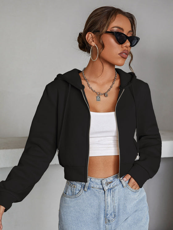 Zipper Up Drawstring Crop Hoodie