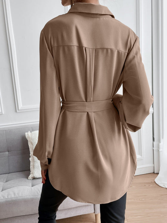 Solid Button Front Belted Shirt