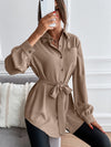 Solid Button Front Belted Shirt