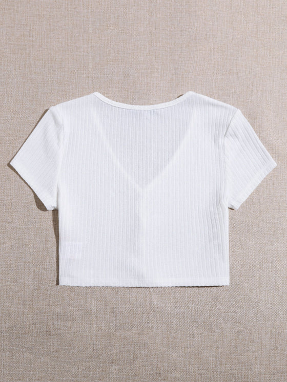 V neck Button Placket Crop Tee