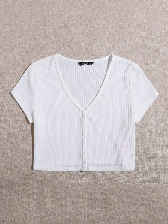 V neck Button Placket Crop Tee