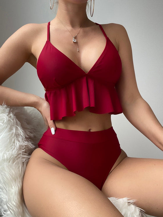 Plain Ruffle Hem Bikini Swimsuit