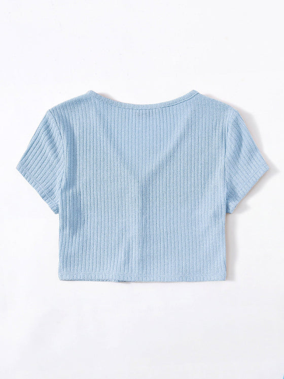 V neck Button Placket Crop Tee