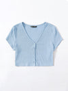 V neck Button Placket Crop Tee