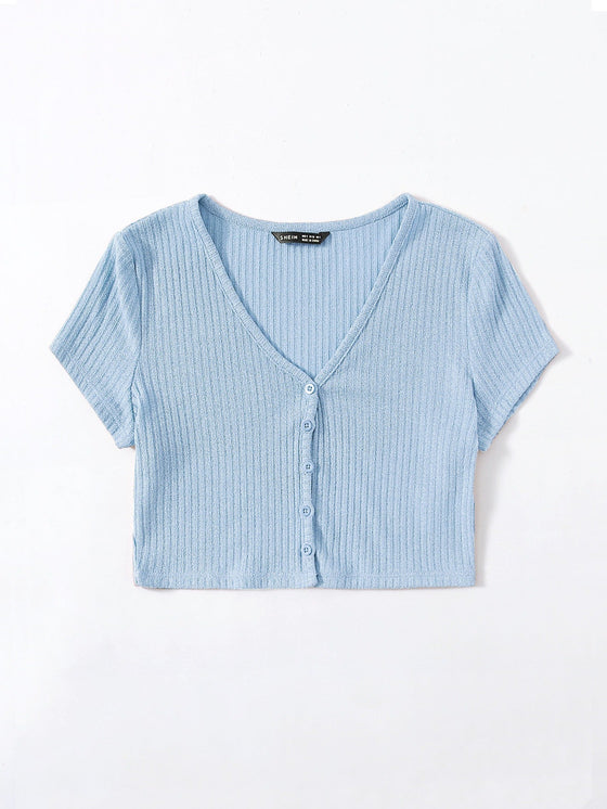 V neck Button Placket Crop Tee