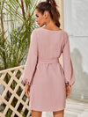 Boat Neck Bishop Sleeve Belted Dress