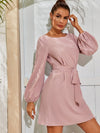 Boat Neck Bishop Sleeve Belted Dress