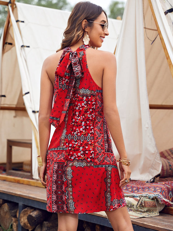 Tie Back Paisley Print Halter Dress