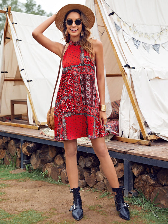 Tie Back Paisley Print Halter Dress