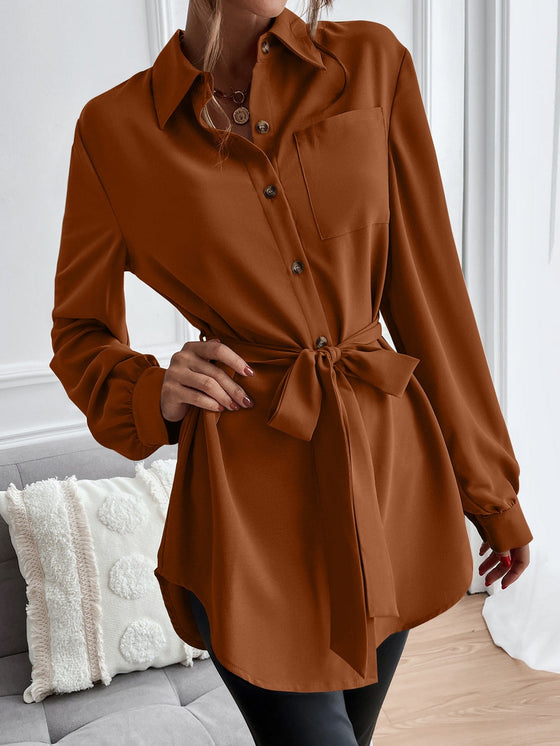 Solid Button Front Belted Shirt