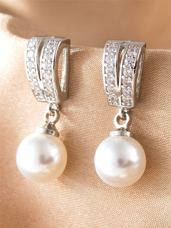 Cubic Zirconia Decor Faux Pearl Drop Earrings