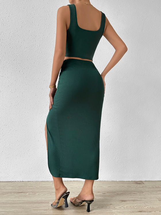 Privé Solid Crop Tank Top & Twist Front Split Thigh Skirt