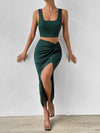 Privé Solid Crop Tank Top & Twist Front Split Thigh Skirt