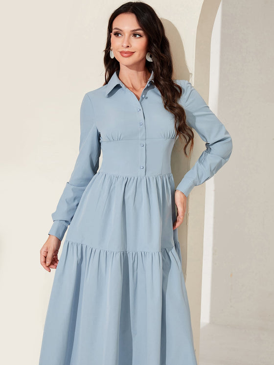 Mulvari Shirred Ruffle Hem Shirt Dress