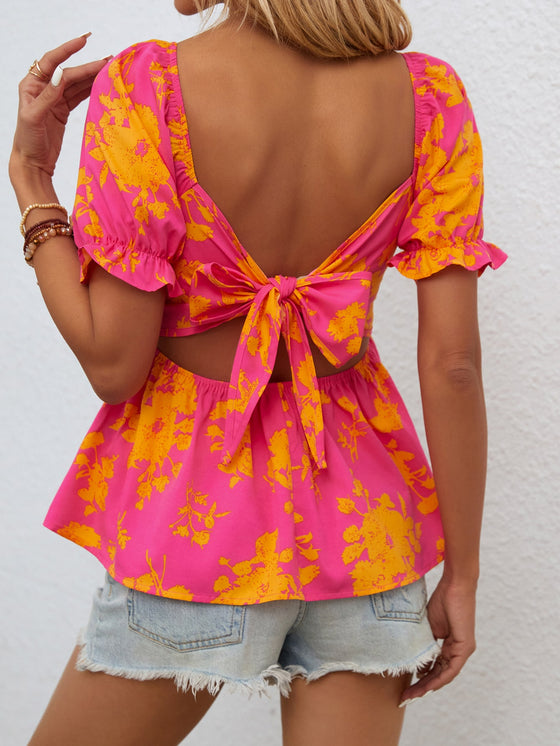 VCAY Floral Print Tie Backless Puff Sleeve Peplum Blouse