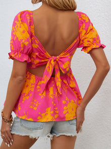  VCAY Floral Print Tie Backless Puff Sleeve Peplum Blouse