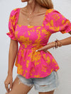 VCAY Floral Print Tie Backless Puff Sleeve Peplum Blouse