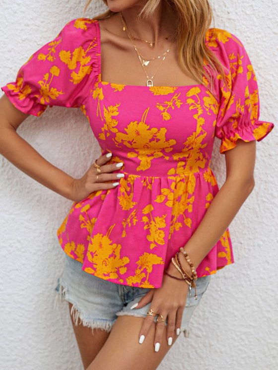 VCAY Floral Print Tie Backless Puff Sleeve Peplum Blouse