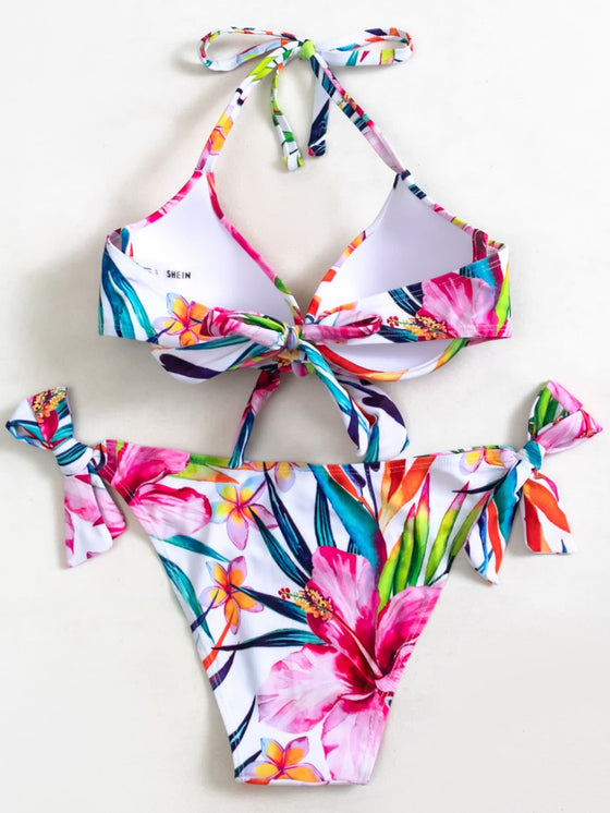 Plant Print Push Up Tie Side Bikini Swimsuit