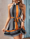 Frenchy Polka Dot Print Ruffle Hem Belted Halter Dress