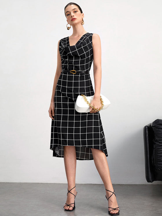 BIZwear Plaid Print High Low Hem Dress Without Belt Workwear