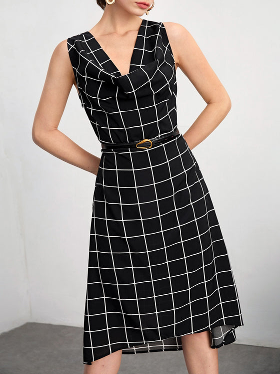 BIZwear Plaid Print High Low Hem Dress Without Belt Workwear