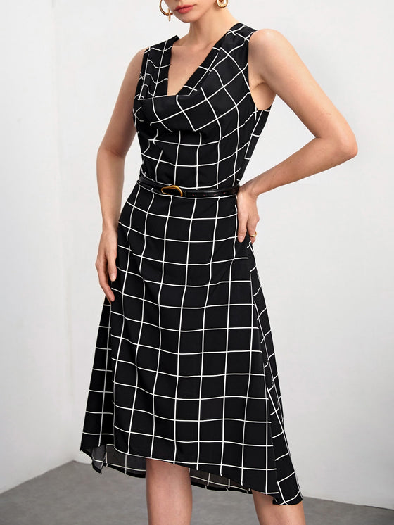 BIZwear Plaid Print High Low Hem Dress Without Belt Workwear