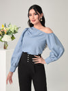 Modely Asymmetrical Neck Ruched Detail Lantern Sleeve Blouse