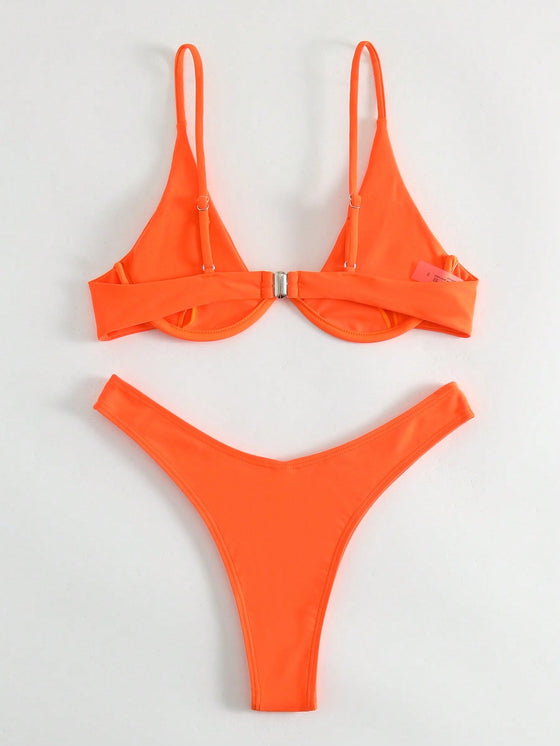 Solid Underwire High Cut Bikini Swimsuit