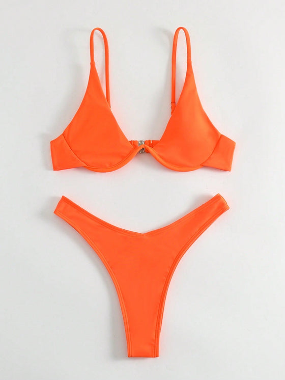 Solid Underwire High Cut Bikini Swimsuit