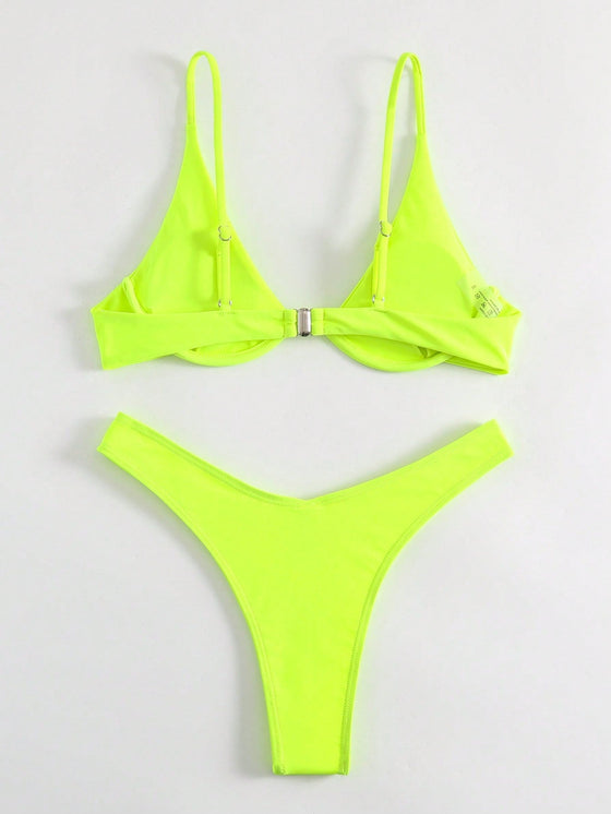 Solid Underwire High Cut Bikini Swimsuit