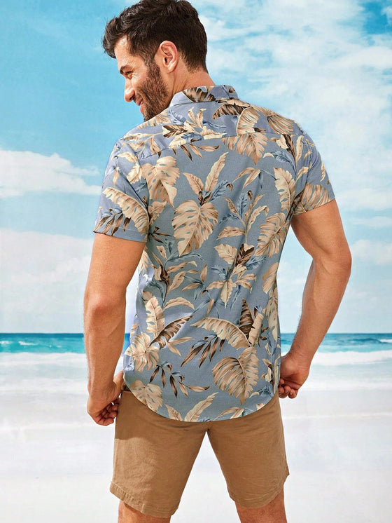 Men Tropical Print Hawaiian Shirt