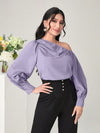 Modely Asymmetrical Neck Ruched Detail Lantern Sleeve Blouse