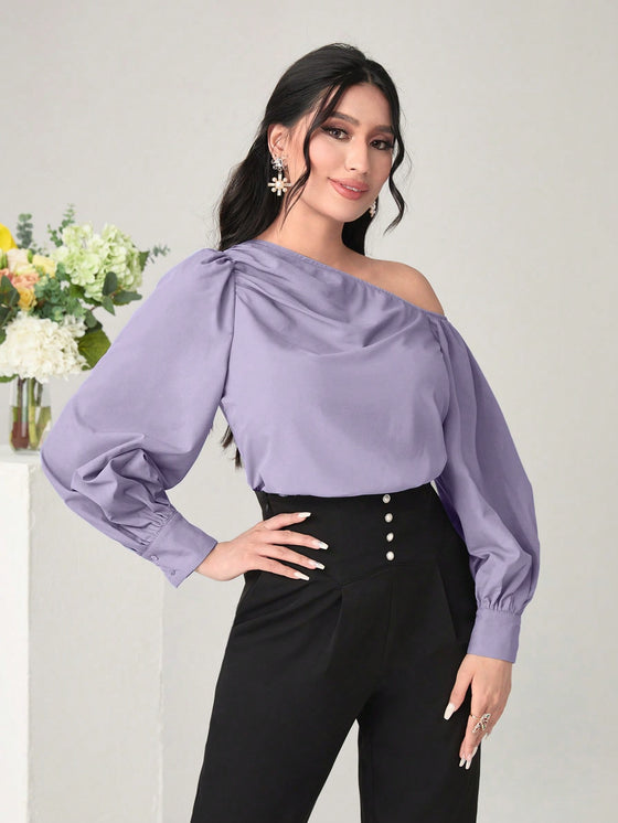 Modely Asymmetrical Neck Ruched Detail Lantern Sleeve Blouse