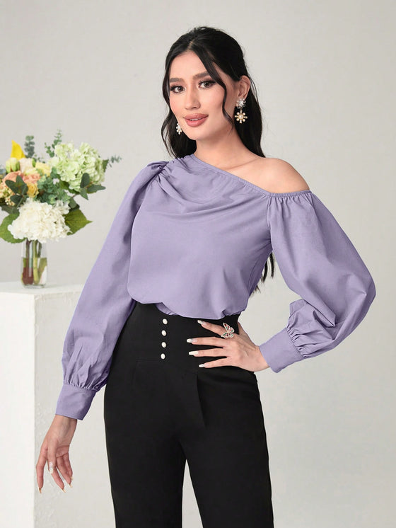 Modely Asymmetrical Neck Ruched Detail Lantern Sleeve Blouse