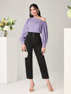 Modely Asymmetrical Neck Ruched Detail Lantern Sleeve Blouse