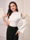 Modely Asymmetrical Neck Cut Out Ruffle Trim Trumpet Sleeve Tee