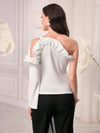 Modely Asymmetrical Neck Cut Out Ruffle Trim Trumpet Sleeve Tee